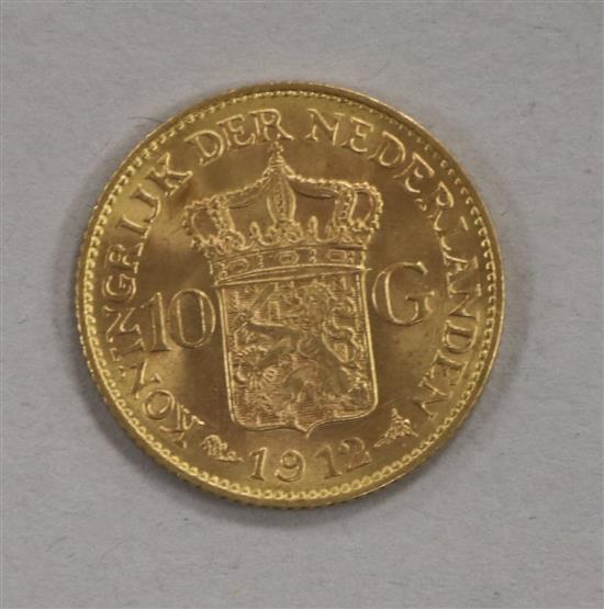 A Dutch Ten Guilder gold coin, 1912, 6.8g